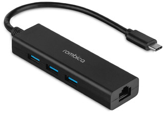 Сетевой USB адаптер/концентратор Rombica Type-C Hub Lan. Интерфейс Type-C. Порты 3 x USB-A 3.0, 1 x LAN 10/100 Мбит/с