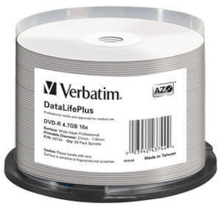 Диск DVD-R Verbatim 4.7Gb 16x Cake Box (50шт) Printable (43744)