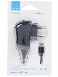 Сетевое з/у Deppa 2.1A black + кабель Type-С (DEP-23150)