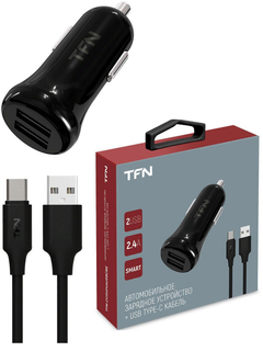 Автомобильное з/у TFN, USB, с кабелем Type-C, 2.4A, Black (TFN-CC2U24AUSBCBK)