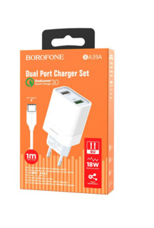 Сетевое з/у Borofone BA39A быстрая зарядка QC3.0 White + кабель Type-C