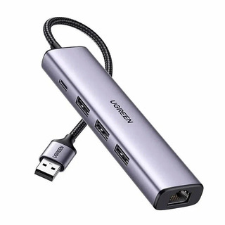 Адаптер Ugreen CM475 (60554) USB3.0 to 3×USB3.0 +RJ45 (1000M) Ethernet Adapter Type-C Power Supply. Цвет: серый
