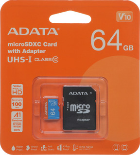 Флеш карта microSDHC 64Gb Class10 A-Data AUSDX64GUICL10A1-RA1 Premier + adapter
