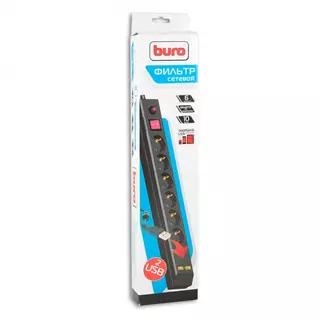 Сетевой фильтр Buro BU-SP1.8_USB/B 1.8м (6 розеток) черный 2 порта USB