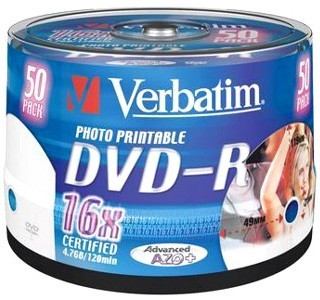 Диск DVD-R Verbatim 4,7Gb 16x Cake Box InkJet Printable (50шт) 43533