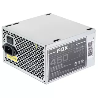 Блок питания 450 Вт АТX Foxline APFC, 120FAN, CPU 4+4 pin, MB 24pin, 5xSATA, 2xPATA, 1xFDD, 1xPCI-E 6pin, 80+